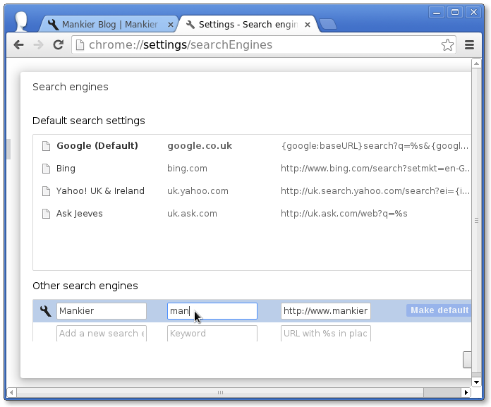 Edit the keyword for the Mankier search engine