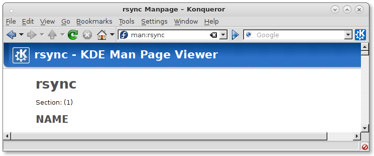 Konqueror browser showing the local rsync man page