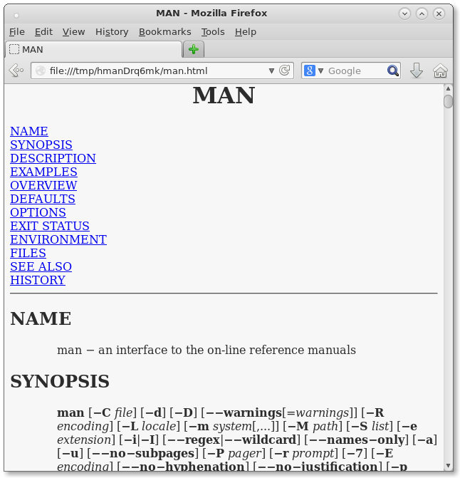 Man page for man command as rendered by man command